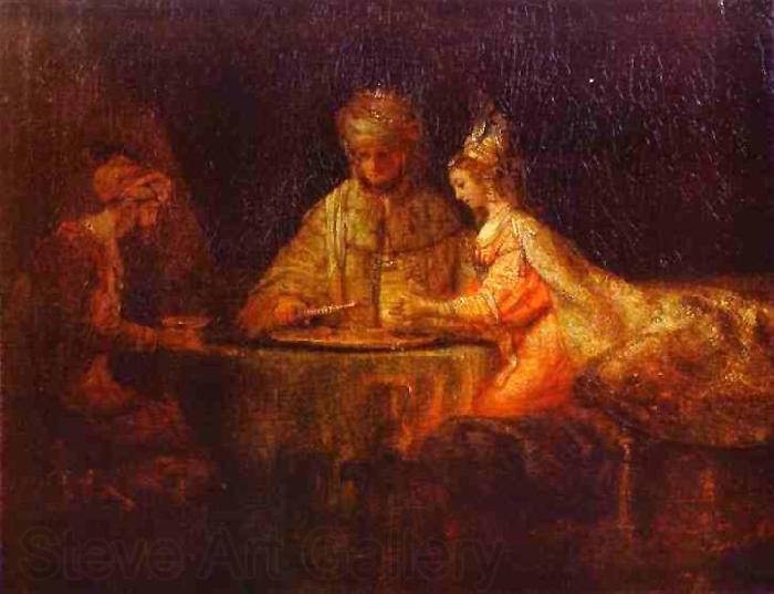 REMBRANDT Harmenszoon van Rijn Ahasuerus and Haman at the Feast of Esther Germany oil painting art